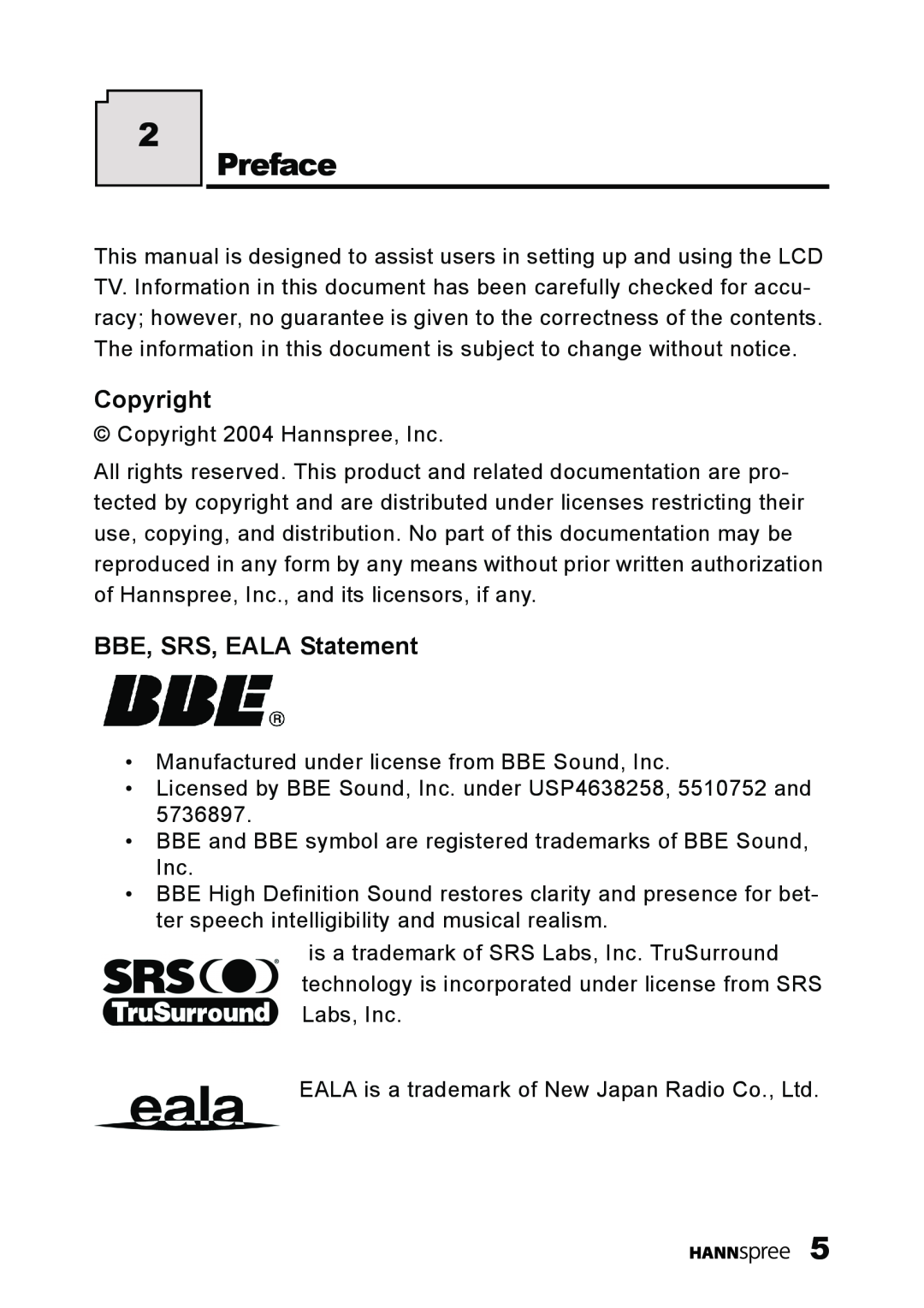 HANNspree LT11-23A1 user manual Preface, Copyright, BBE, SRS, EALA Statement 