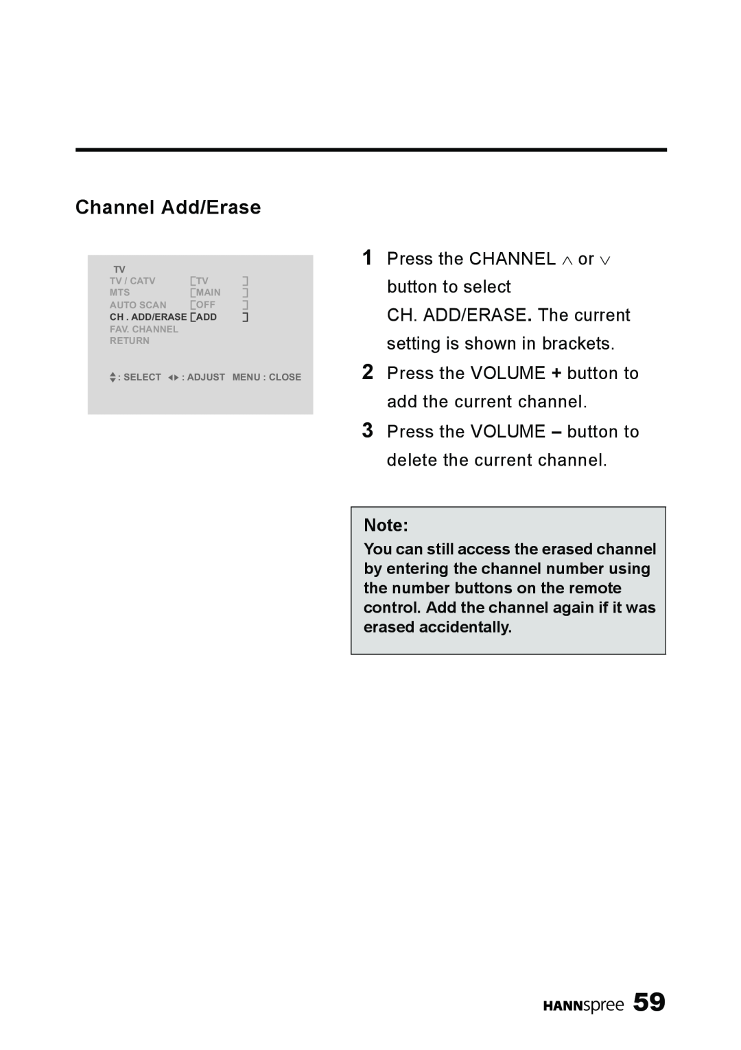 HANNspree LT11-23A1 user manual Channel Add/Erase 