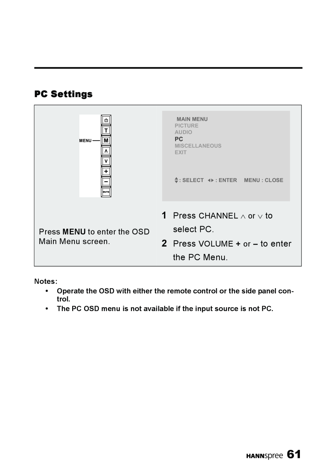 HANNspree LT11-23A1 PC Settings, The PC OSD menu is not available if the input source is not PC, Main Menu, Picture Audio 