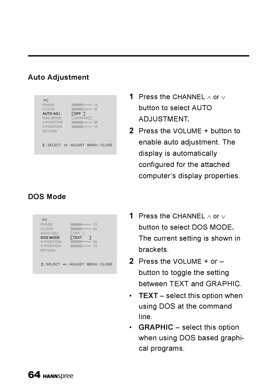 HANNspree LT11-23A1 user manual Auto Adjustment, DOS Mode 