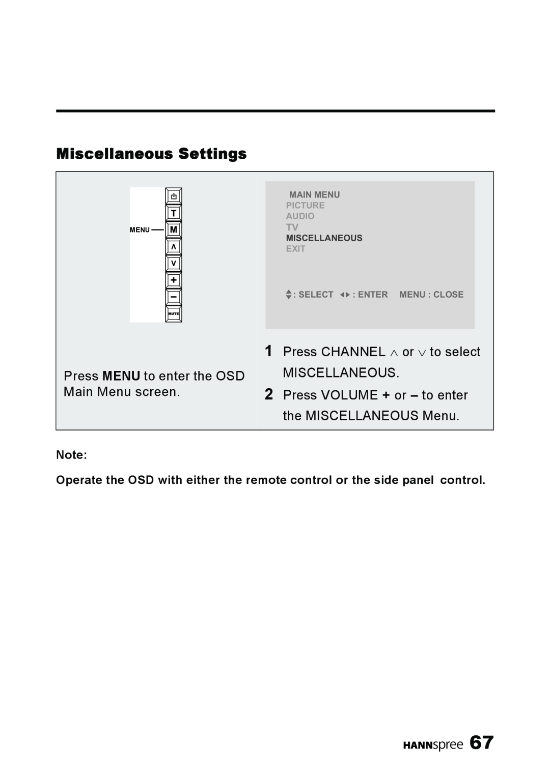 HANNspree LT11-23A1 user manual Miscellaneous Settings, Main Menu, Picture Audio, Exit, Select Enter Menu Close 
