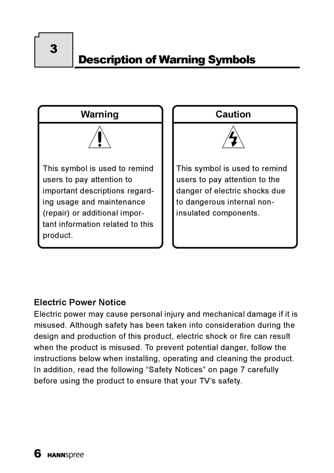 HANNspree LT11-23A1 user manual Description of Warning Symbols, WarningCaution, Electric Power Notice 