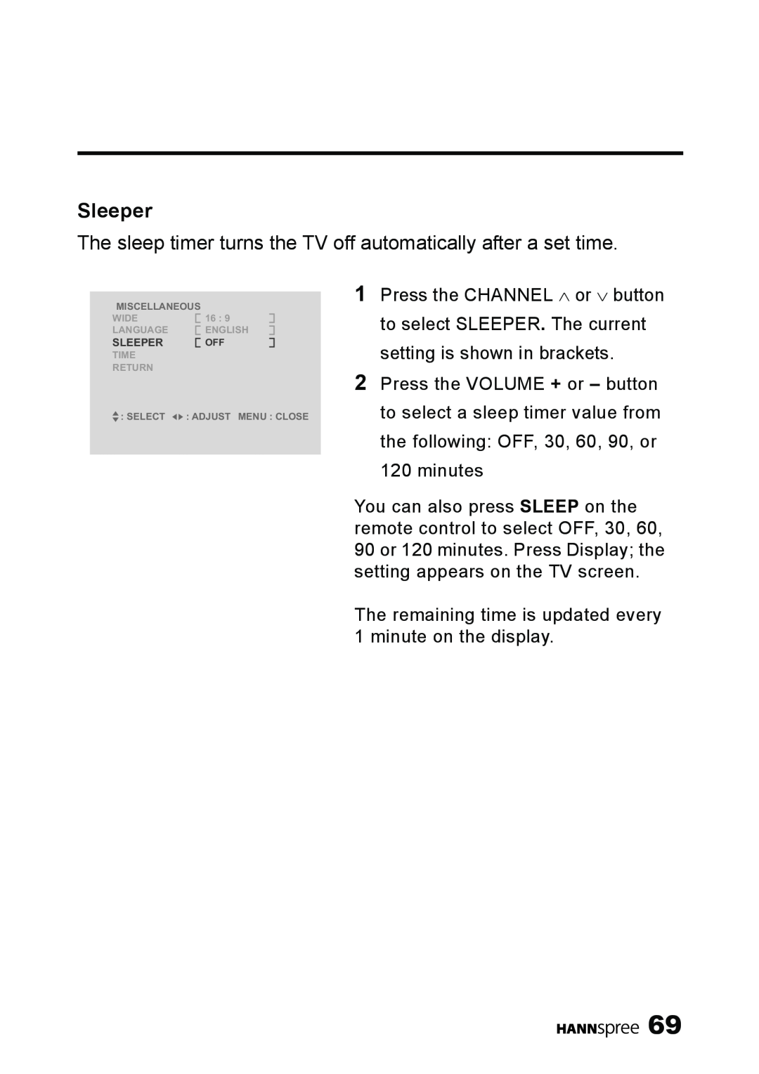 HANNspree LT11-23A1 user manual Sleeper, The sleep timer turns the TV off automatically after a set time 