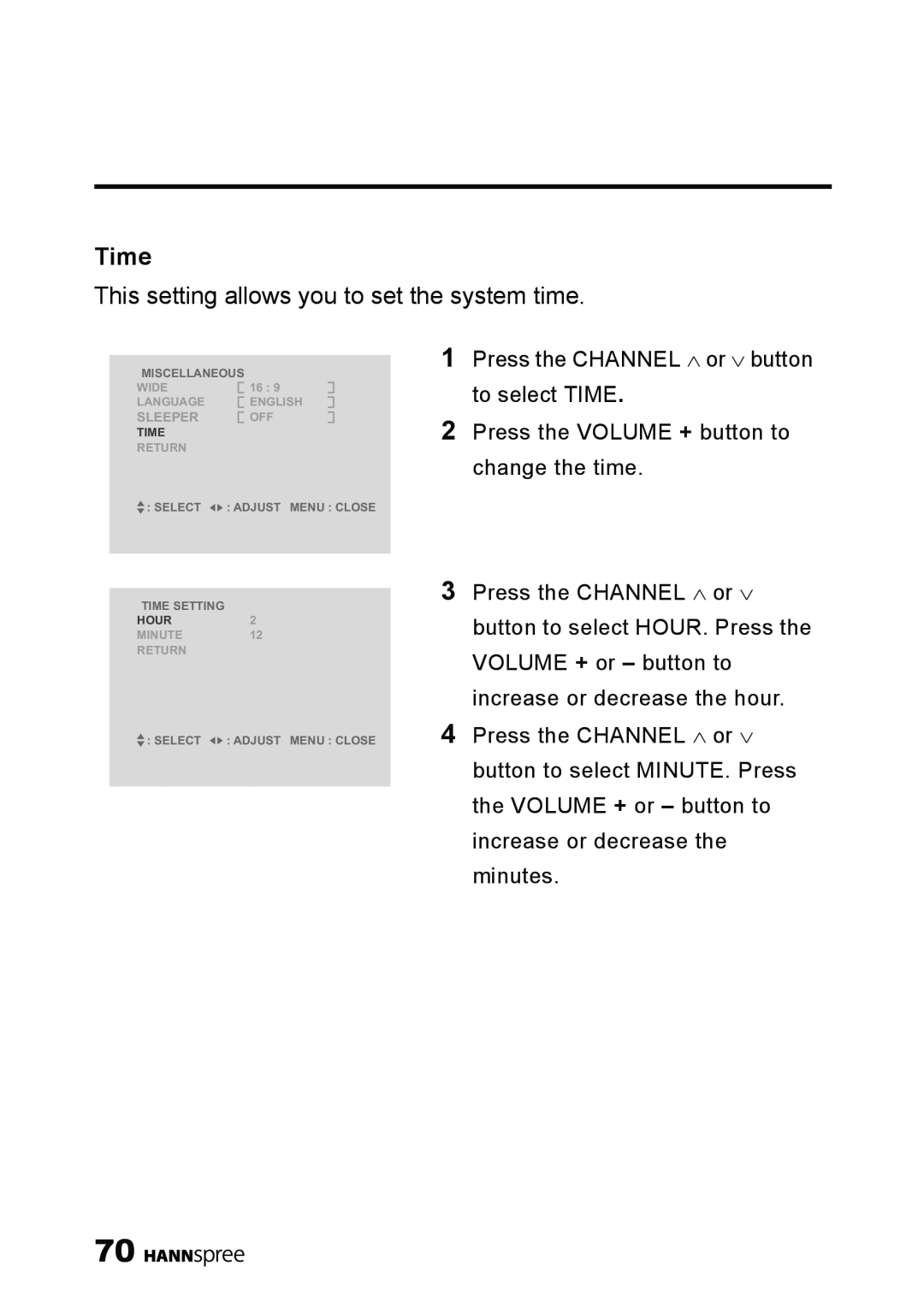 HANNspree LT11-23A1 user manual Time, This setting allows you to set the system time 