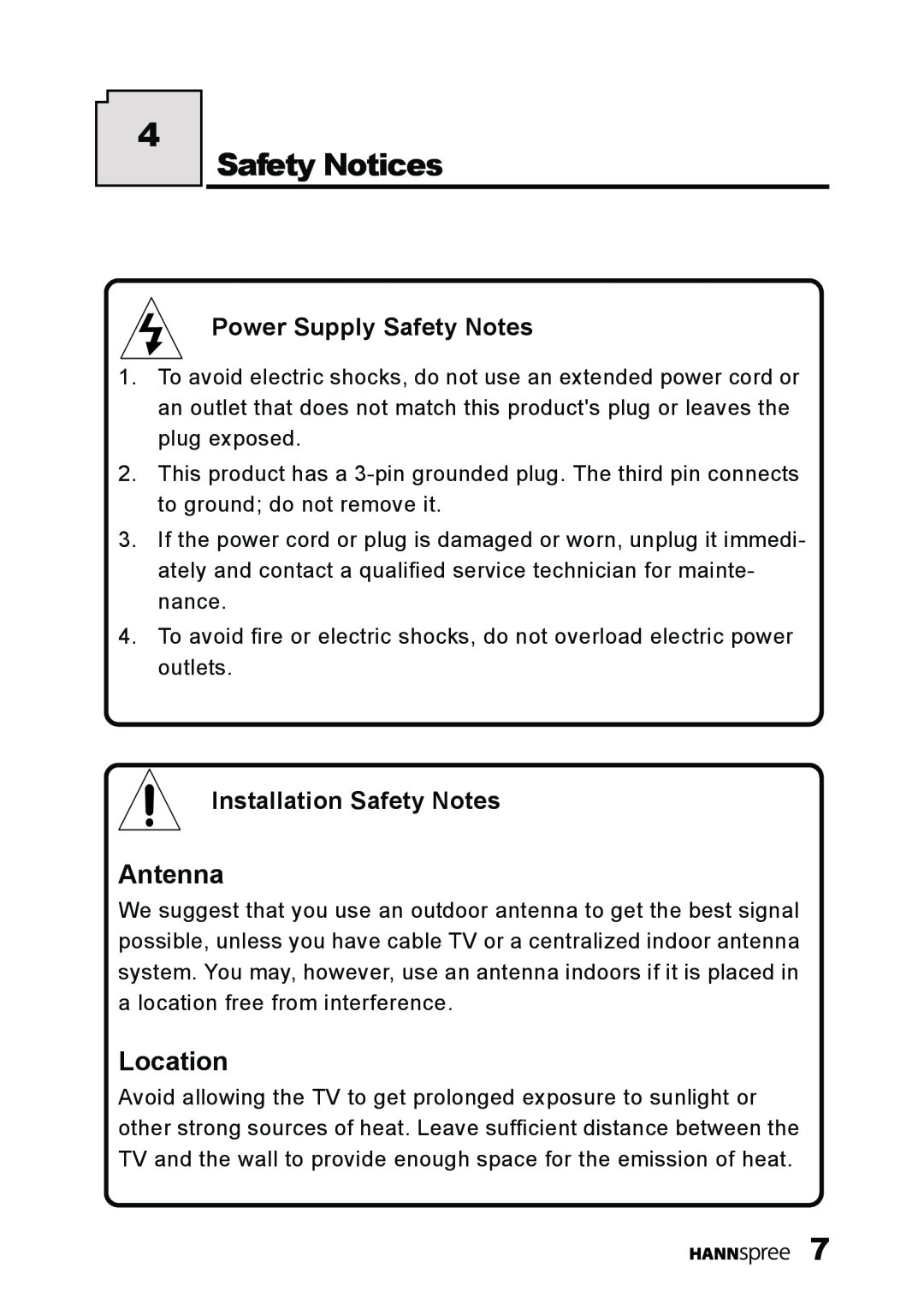 HANNspree LT11-23A1 user manual Safety Notices, Antenna, Location, Power Supply Safety Notes, Installation Safety Notes 