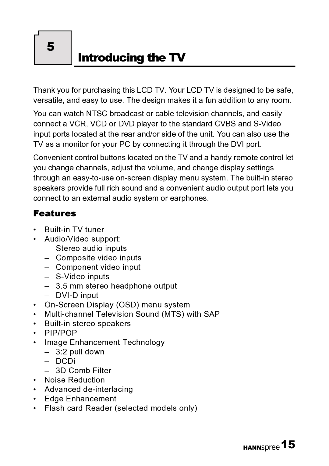 HANNspree LT12-23U1-000 user manual Introducing the TV, Features 