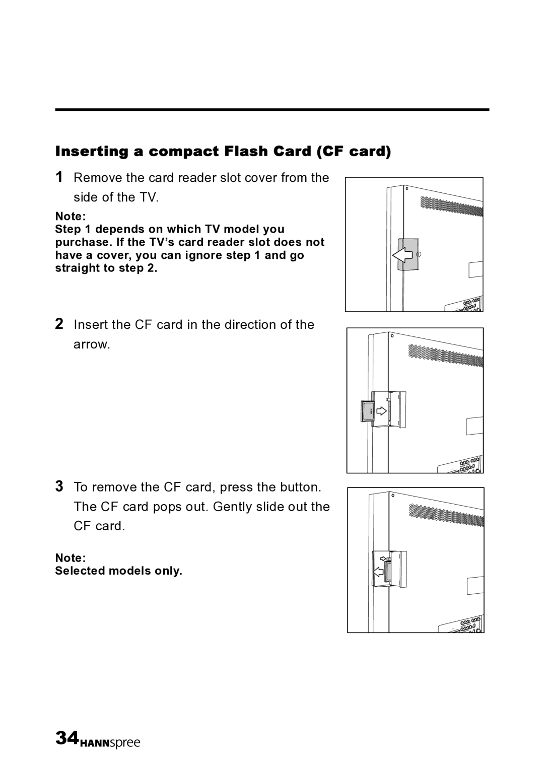 HANNspree LT12-23U1-000 Inserting a compact Flash Card CF card, Remove the card reader slot cover from Side of the TV 