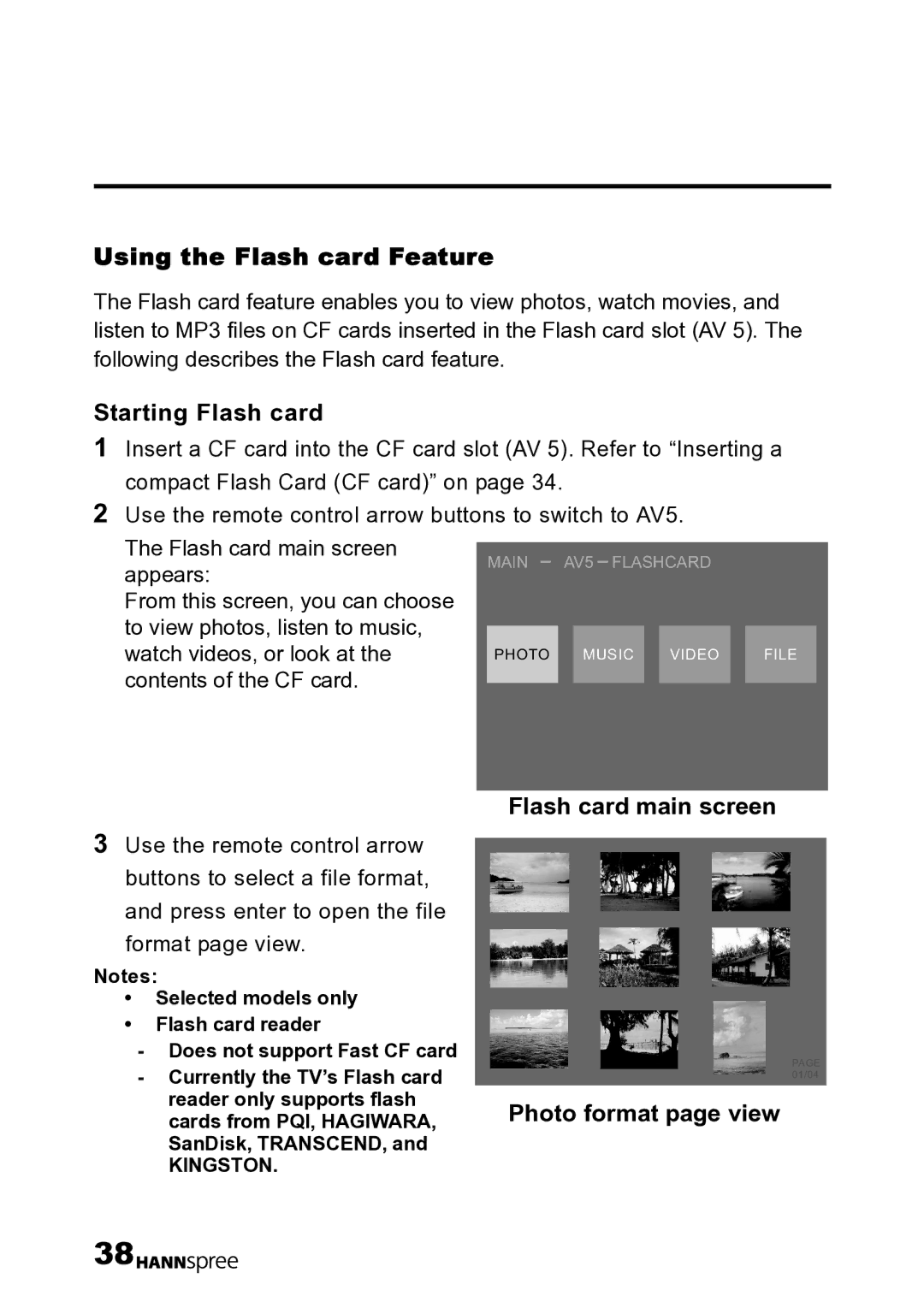 HANNspree LT12-23U1-000 Using the Flash card Feature, Starting Flash card, Flash card main screen, Photo format page view 