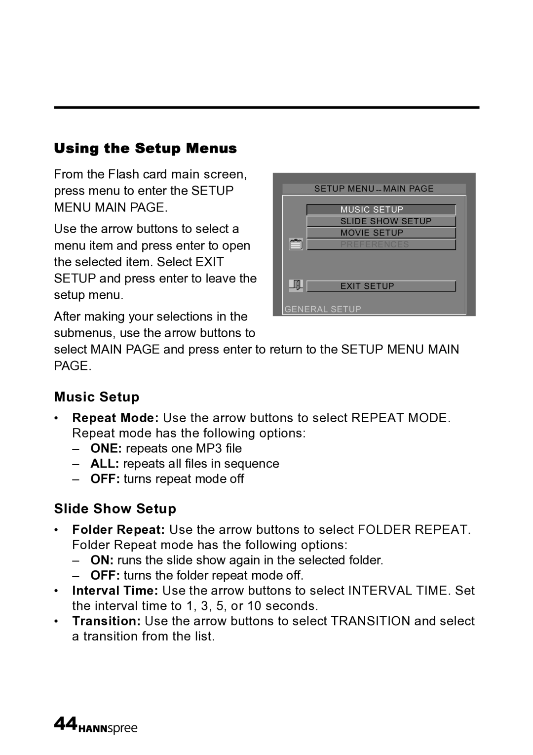 HANNspree LT12-23U1-000 user manual Using the Setup Menus, Music Setup, Slide Show Setup 