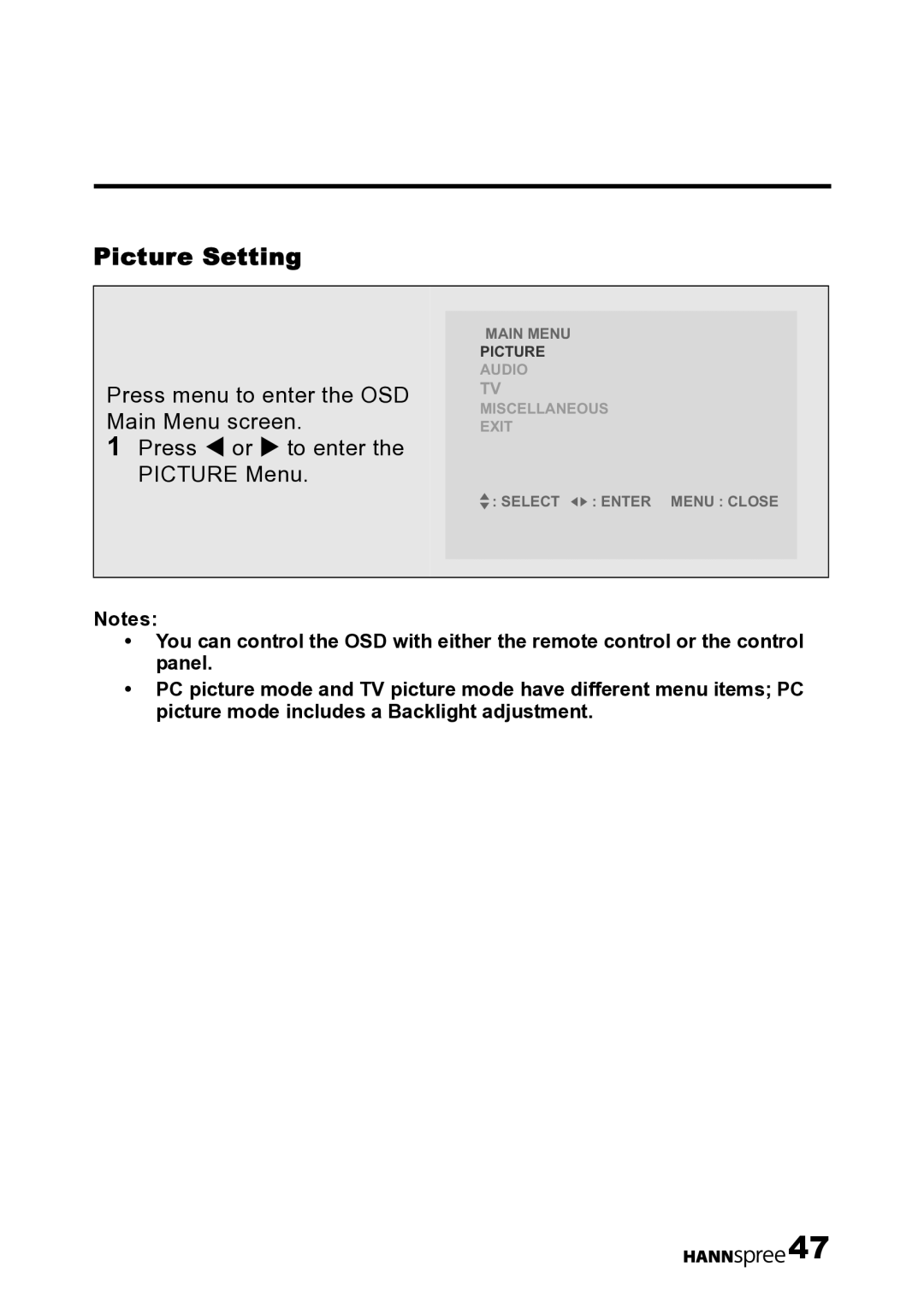 HANNspree LT12-23U1-000 user manual Picture Setting 