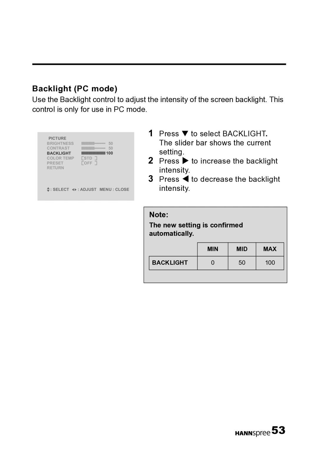 HANNspree LT12-23U1-000 user manual Backlight PC mode 