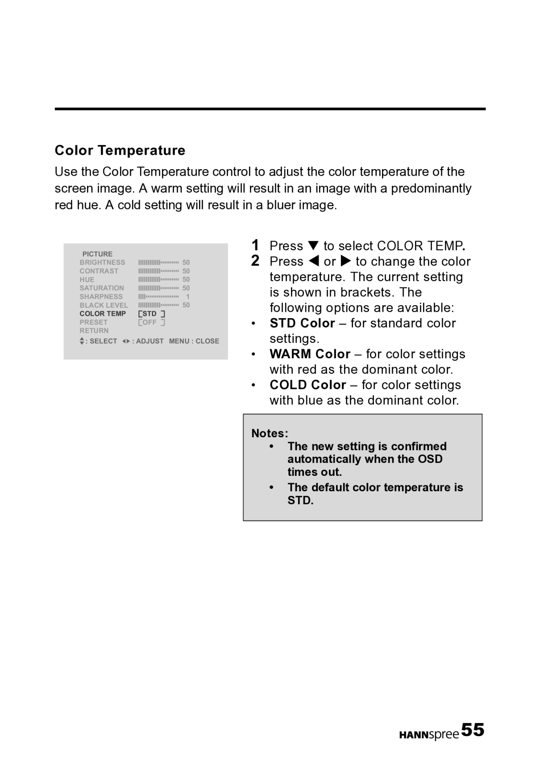 HANNspree LT12-23U1-000 user manual Color Temperature 