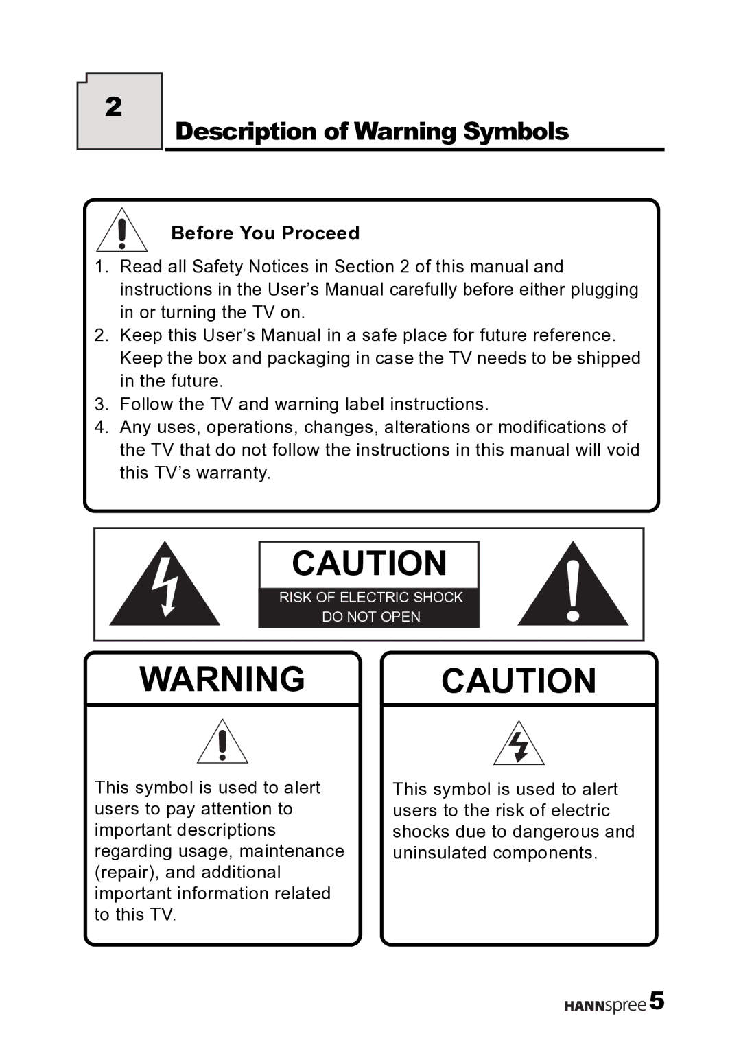 HANNspree LT12-23U1-000 user manual Description of Warning Symbols, Before You Proceed 