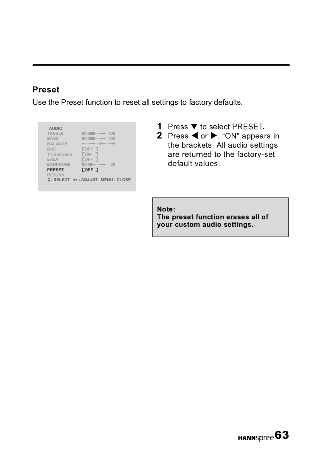 HANNspree LT12-23U1-000 user manual Preset function erases all of your custom audio settings 