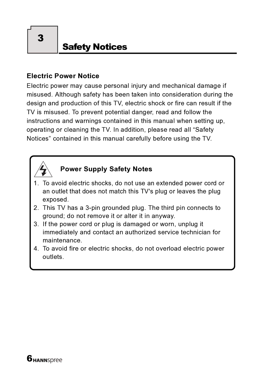 HANNspree LT12-23U1-000 user manual Electric Power Notice, Power Supply Safety Notes 