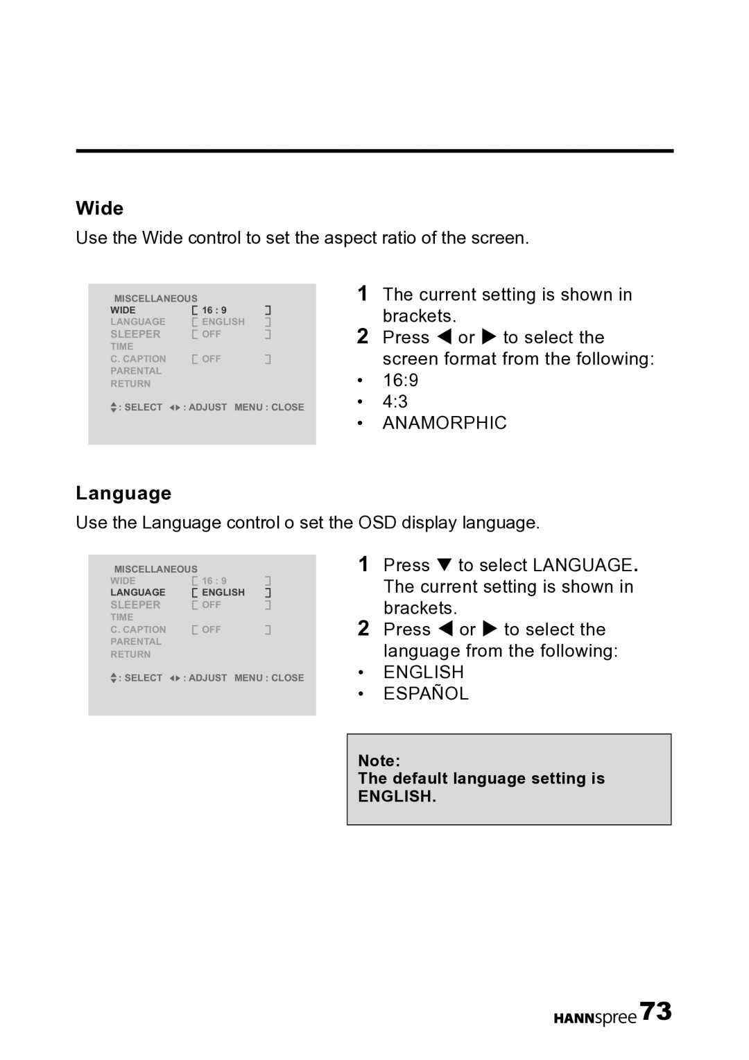 HANNspree LT12-23U1-000 user manual Language, Use the Wide control to set the aspect ratio of the screen 