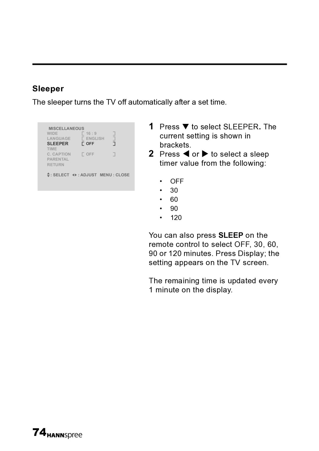 HANNspree LT12-23U1-000 user manual Sleeper turns the TV off automatically after a set time 
