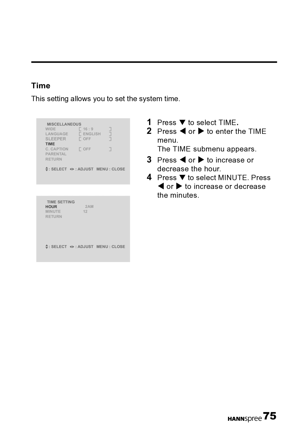 HANNspree LT12-23U1-000 user manual Time, This setting allows you to set the system time 