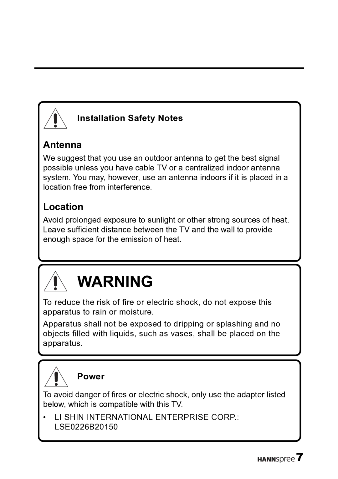 HANNspree LT12-23U1-000 user manual Installation Safety Notes, Power 