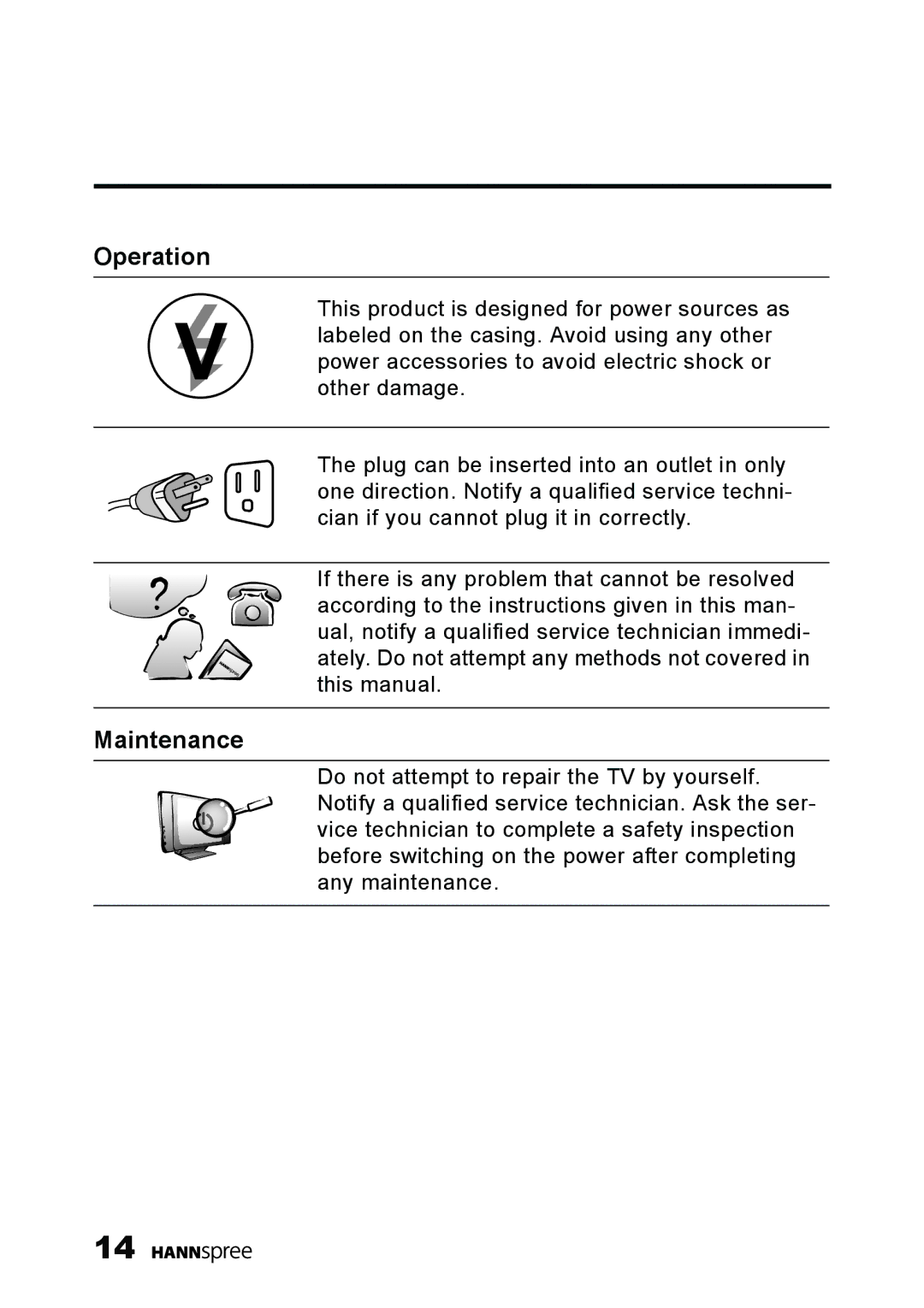 HANNspree LT13-23A1 user manual Operation, Maintenance 