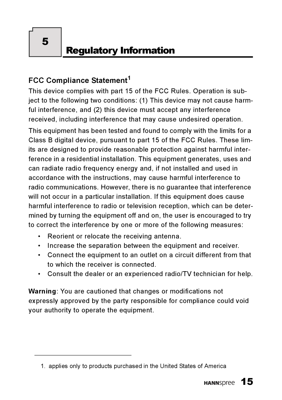 HANNspree LT13-23A1 user manual Regulatory Information, FCC Compliance Statement1 