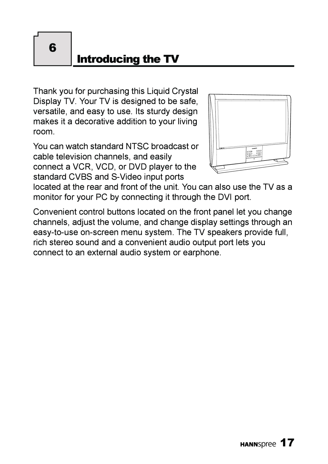 HANNspree LT13-23A1 user manual Introducing the TV 