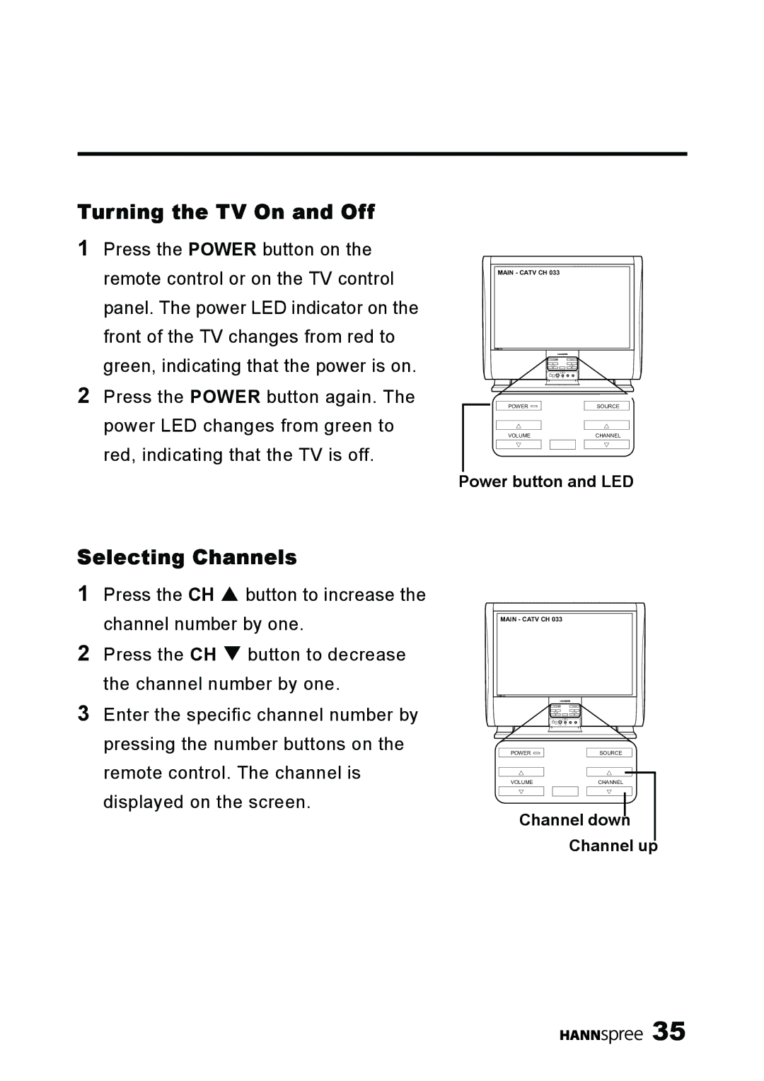 HANNspree LT13-23A1 user manual Turning the TV On and Off, Selecting Channels 