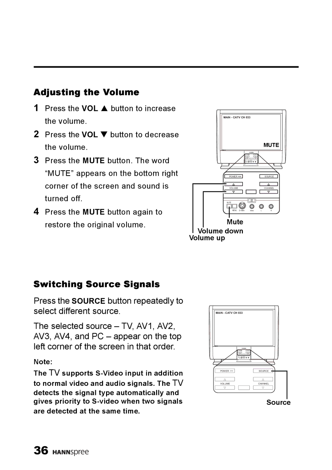 HANNspree LT13-23A1 user manual Adjusting the Volume, Switching Source Signals 