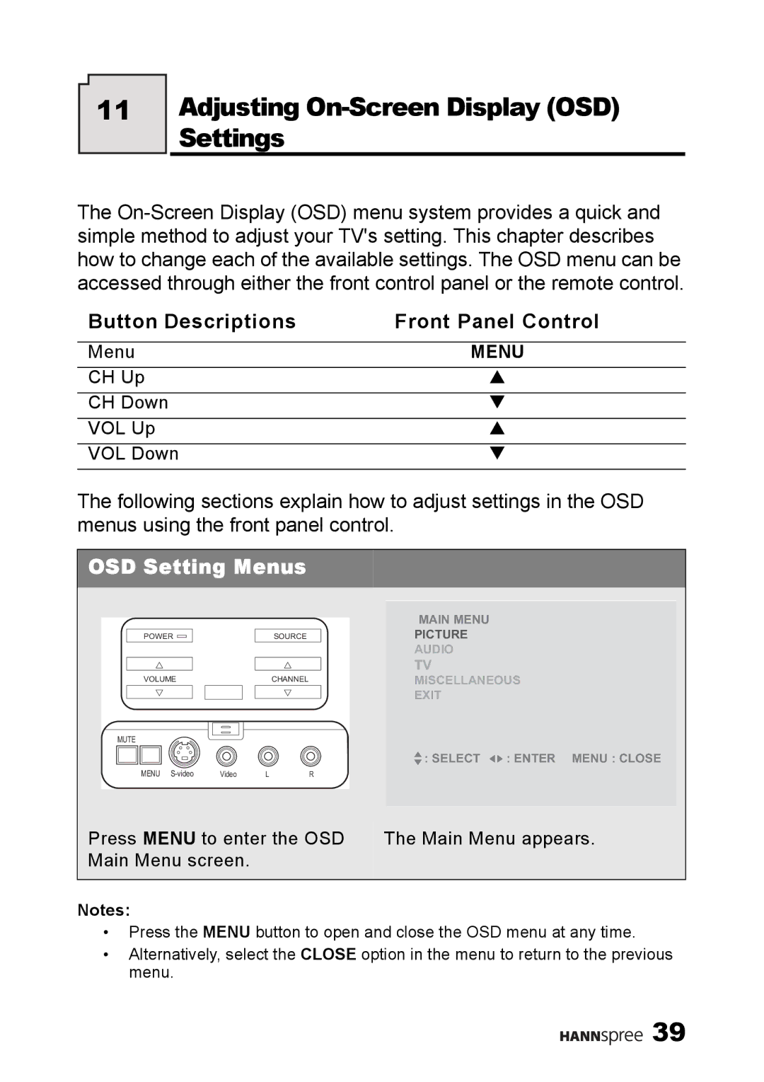 HANNspree LT13-23A1 user manual Adjusting On-Screen Display OSD Settings, Button Descriptions Front Panel Control 