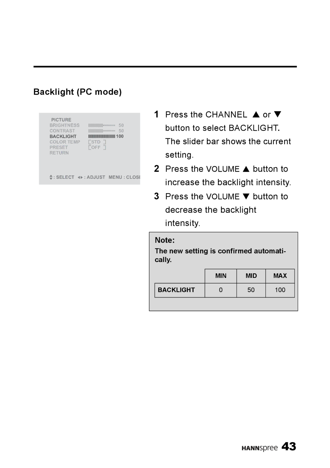 HANNspree LT13-23A1 user manual Backlight PC mode 