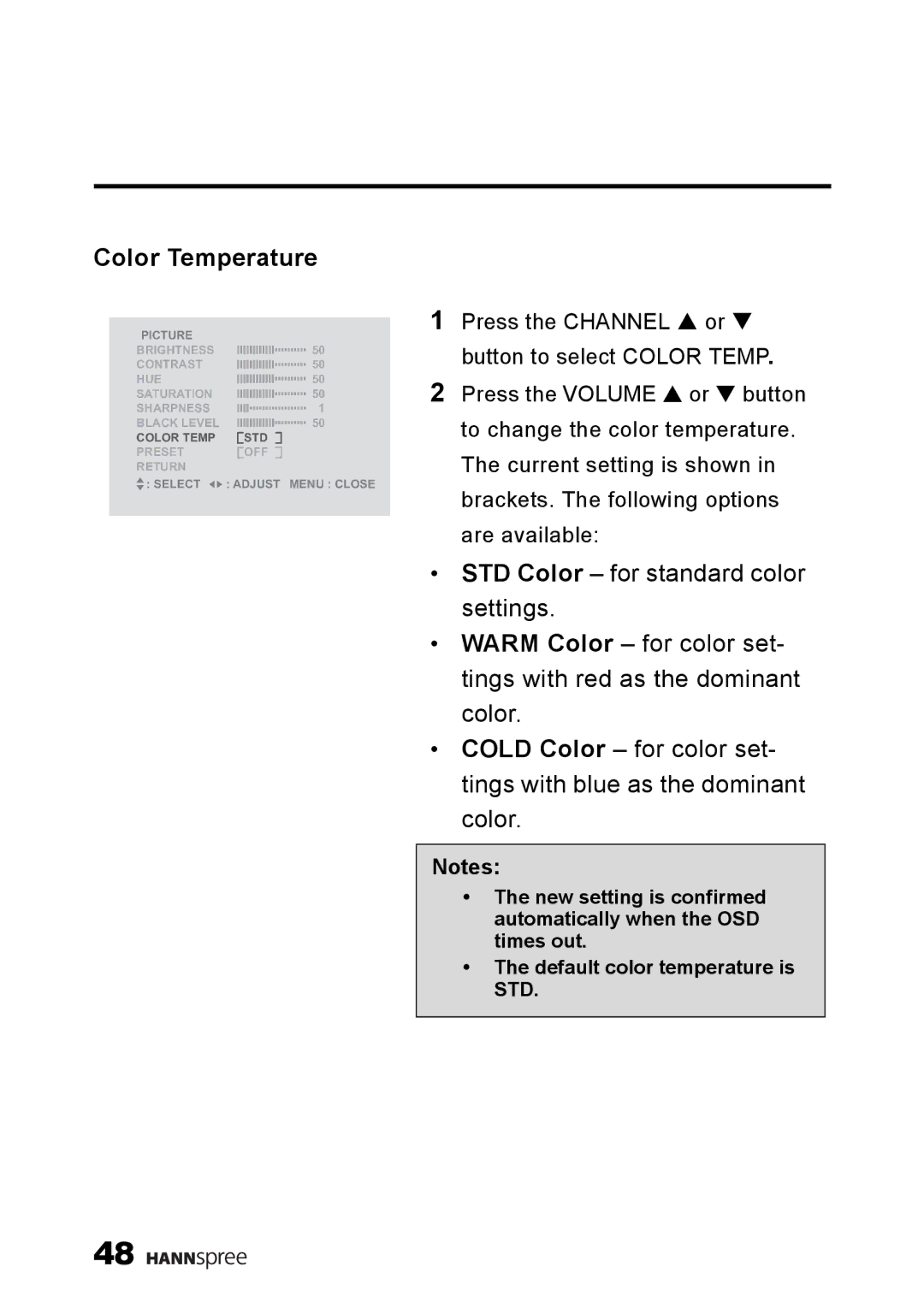 HANNspree LT13-23A1 user manual Color Temperature 