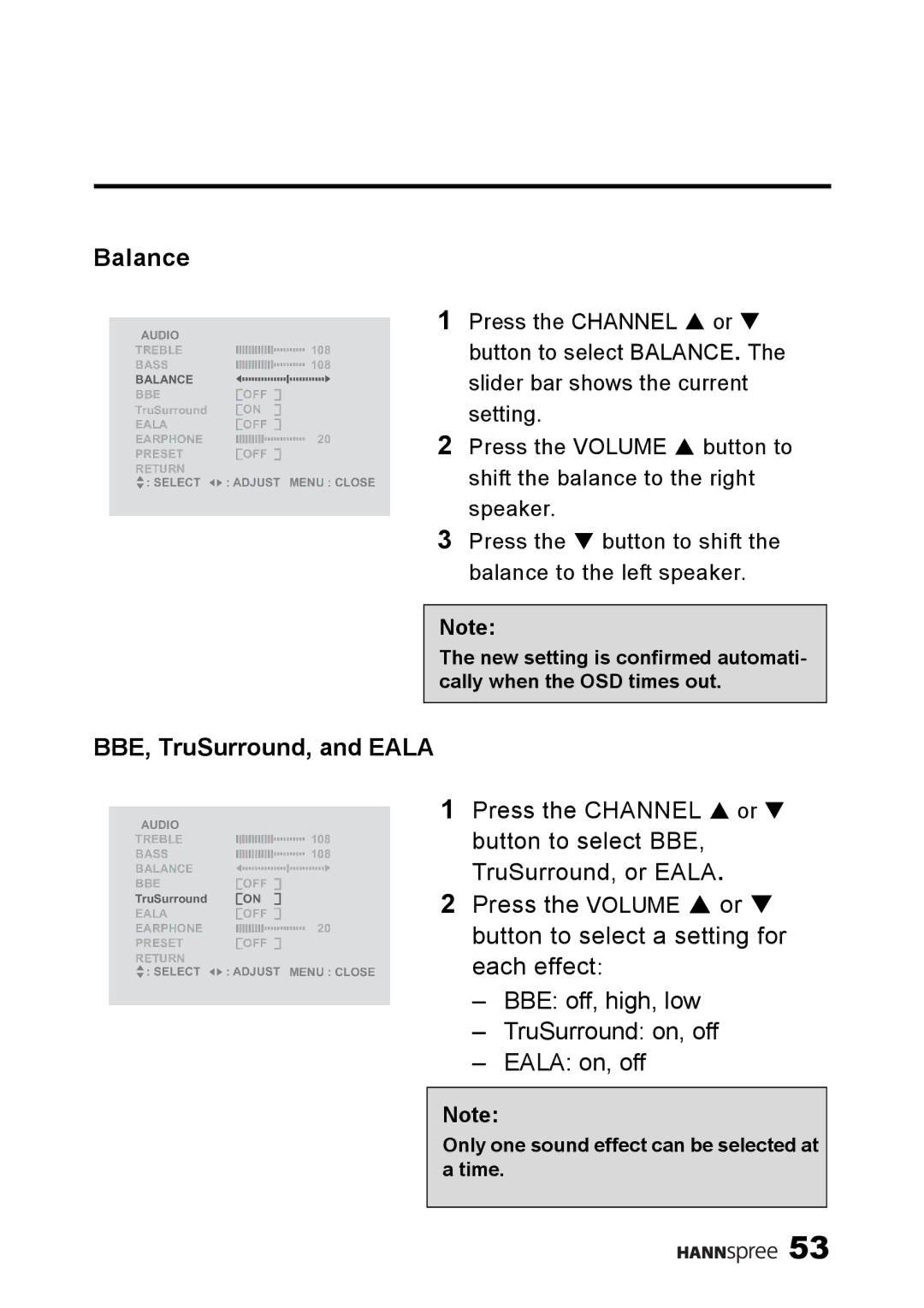 HANNspree LT13-23A1 user manual Balance, BBE, TruSurround, and Eala 