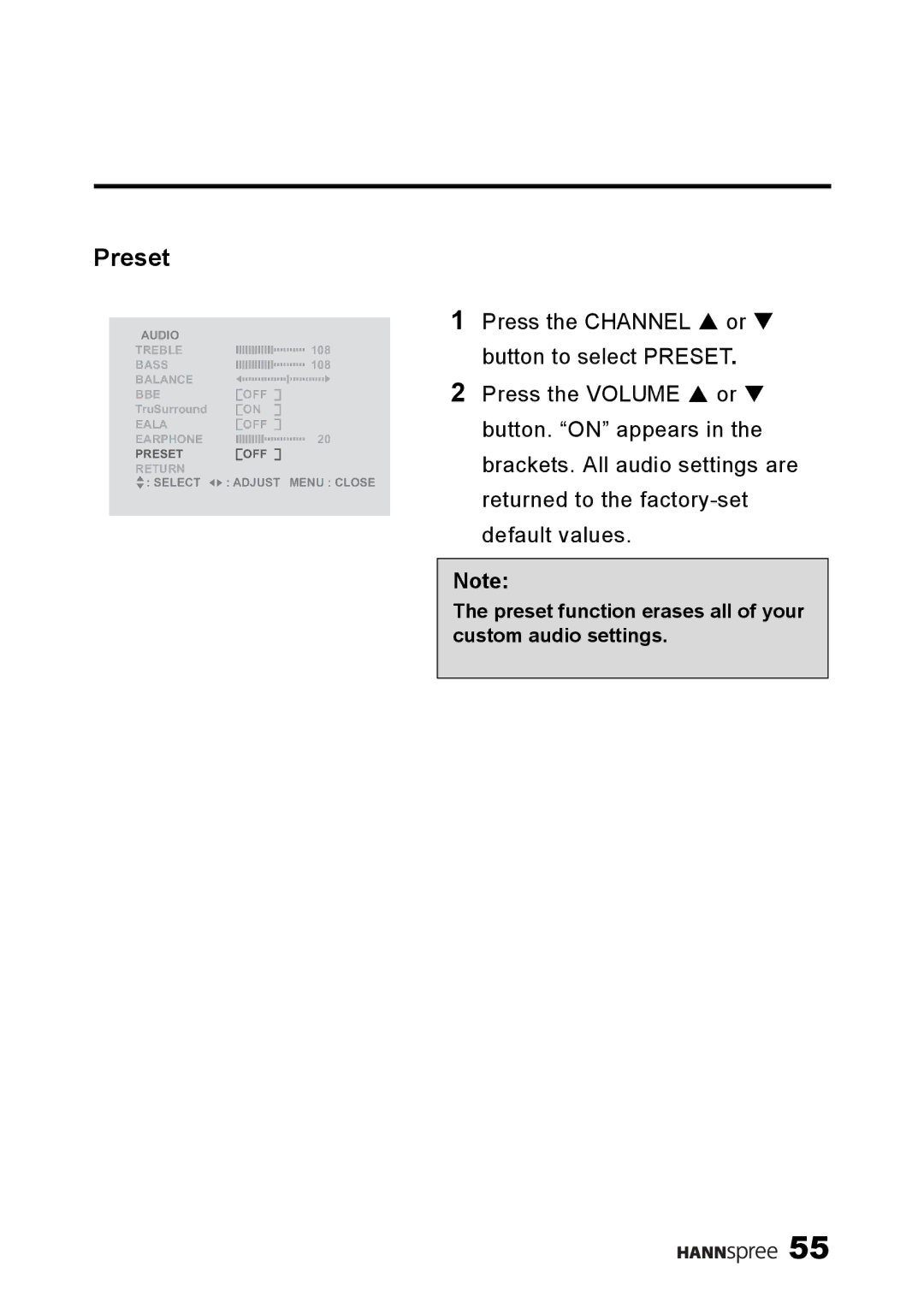 HANNspree LT13-23A1 user manual Preset function erases all of your custom audio settings 