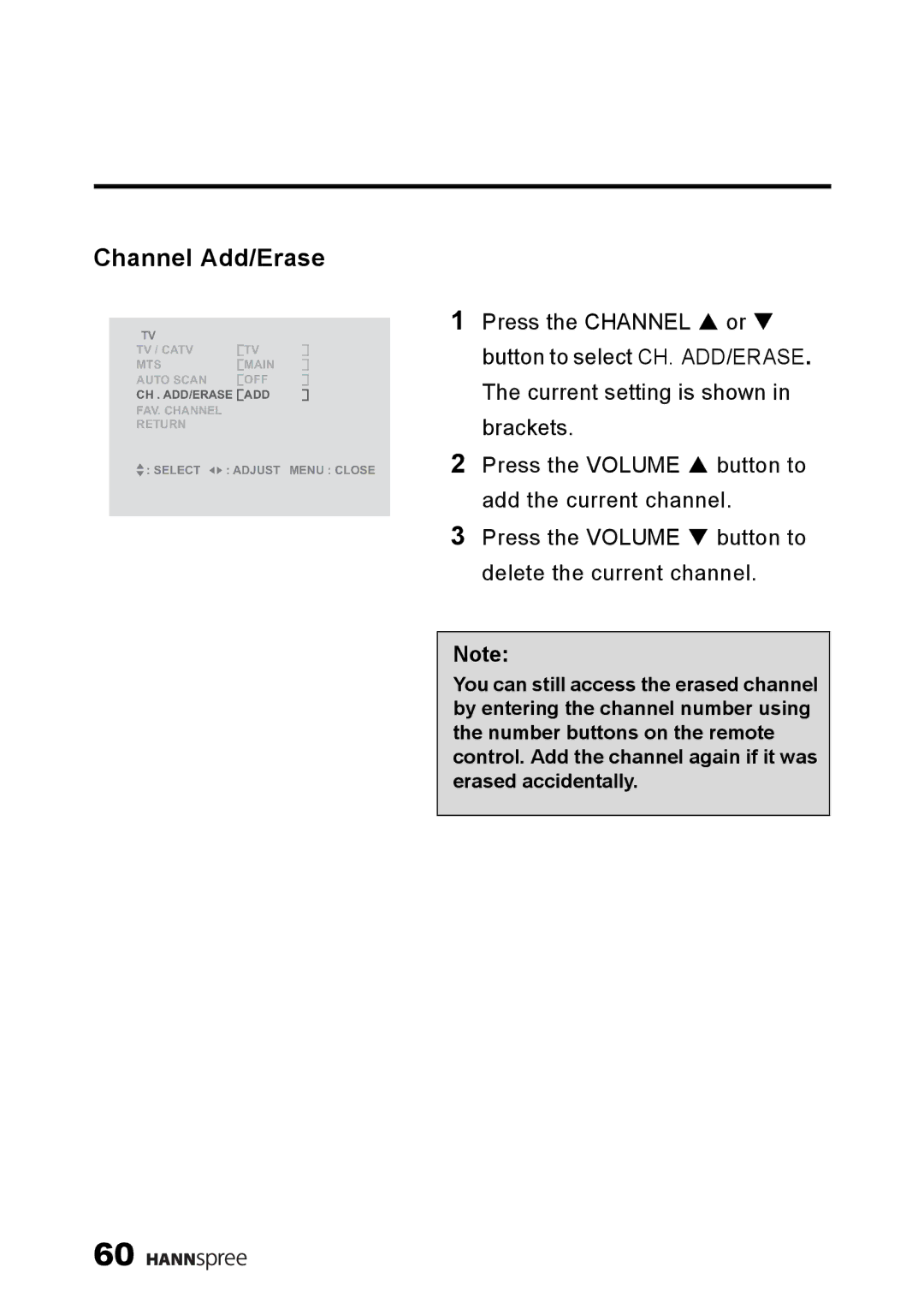 HANNspree LT13-23A1 user manual Channel Add/Erase 