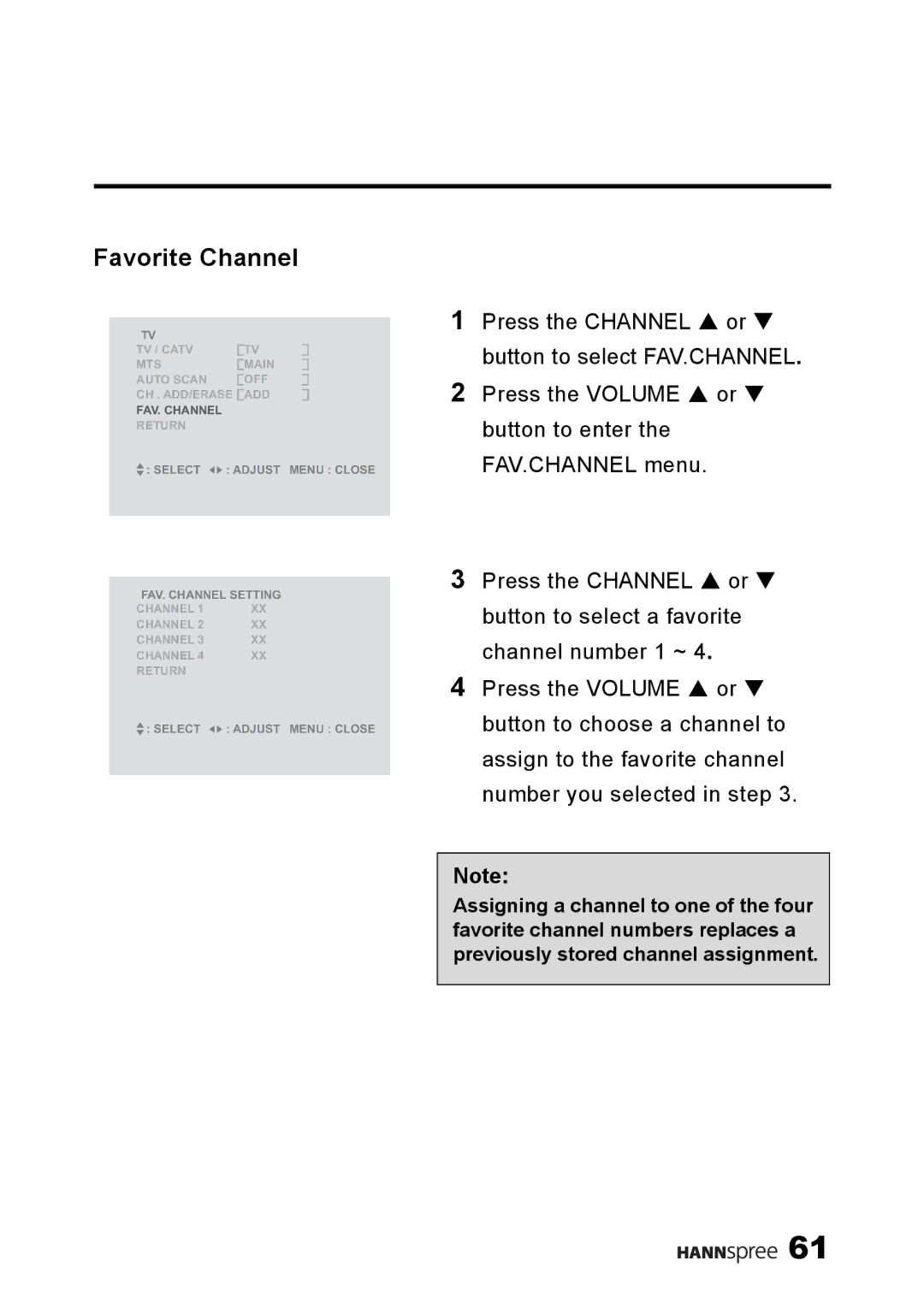 HANNspree LT13-23A1 user manual Favorite Channel 