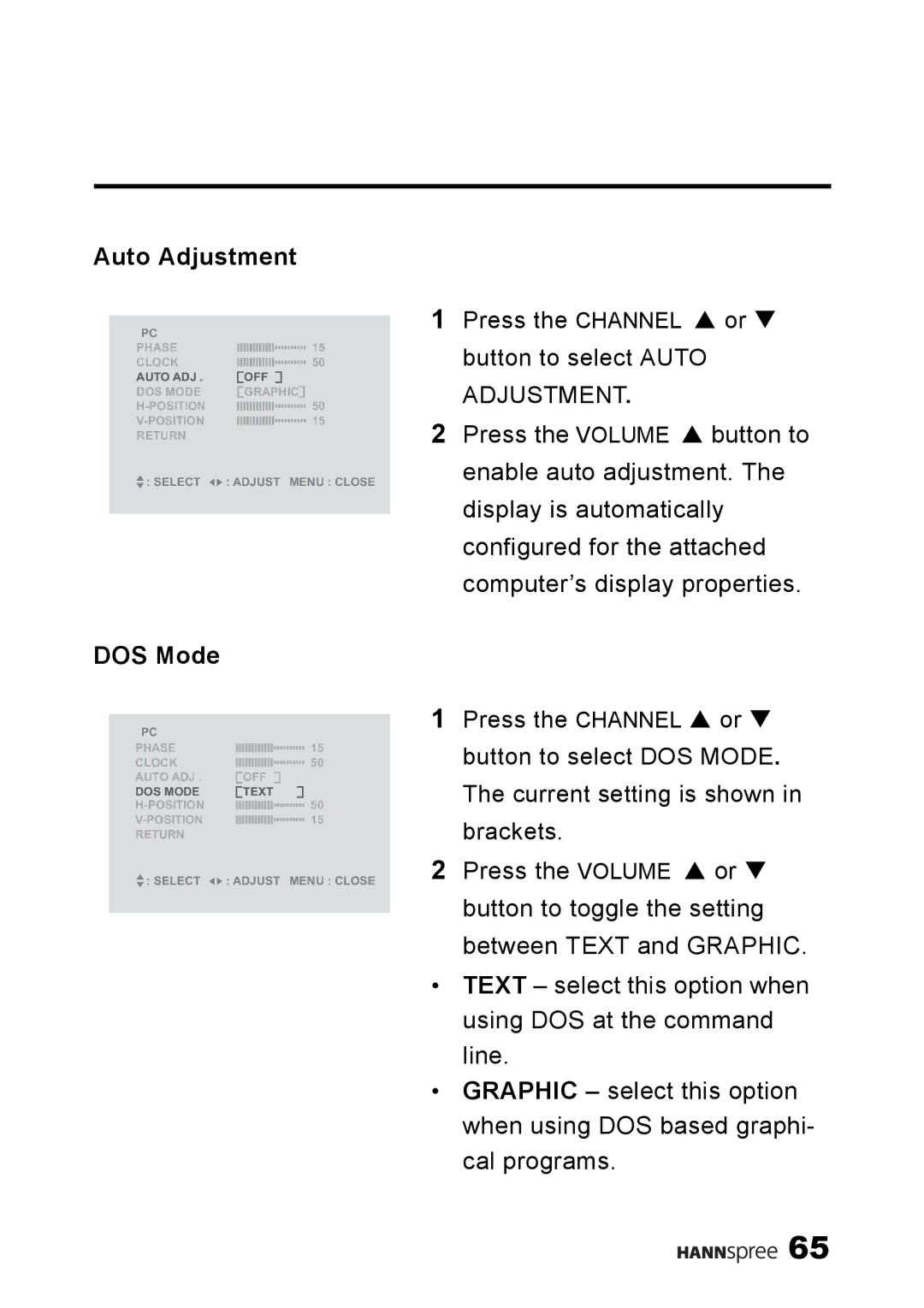 HANNspree LT13-23A1 user manual Auto Adjustment, DOS Mode 