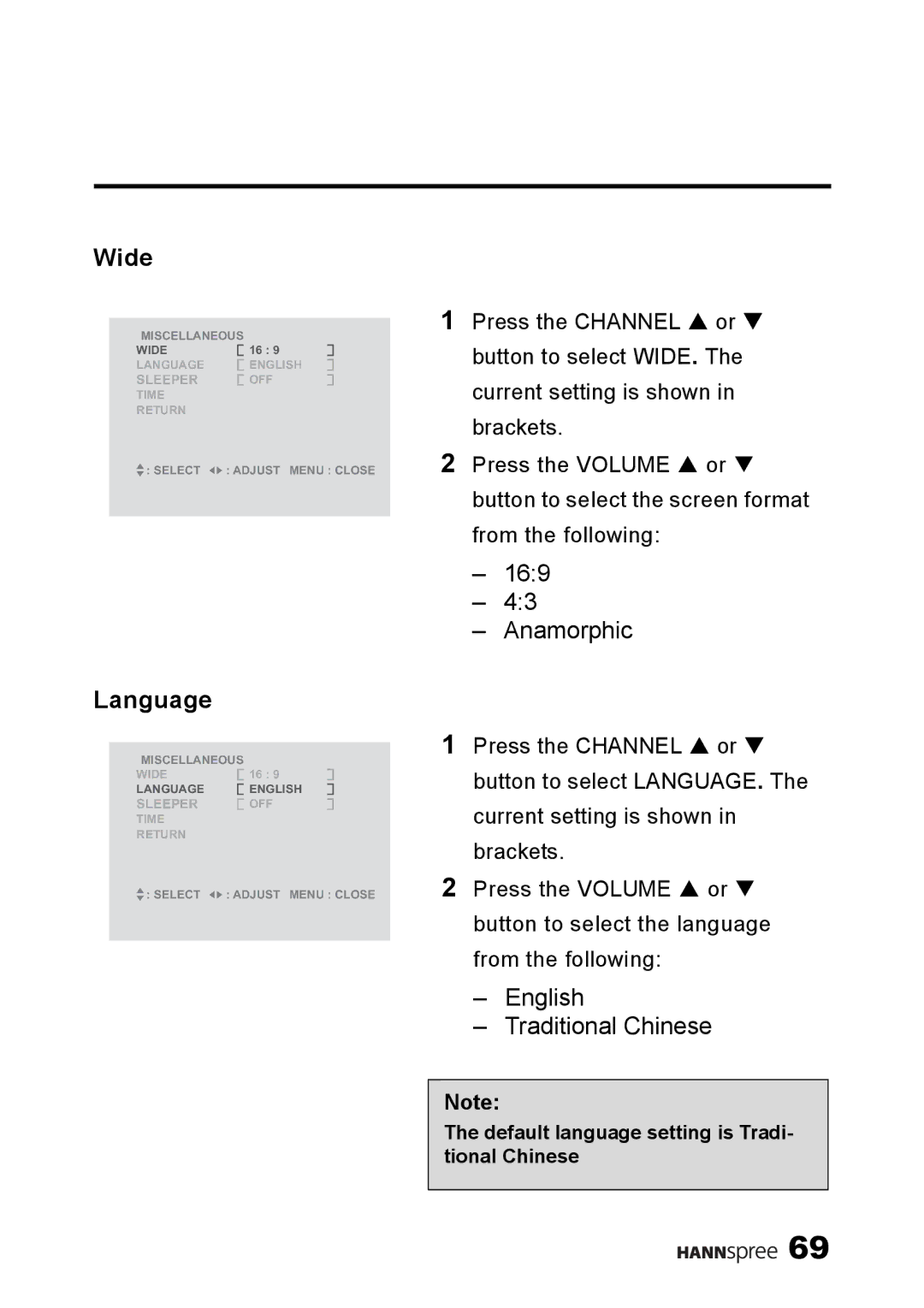 HANNspree LT13-23A1 user manual Wide, Language 