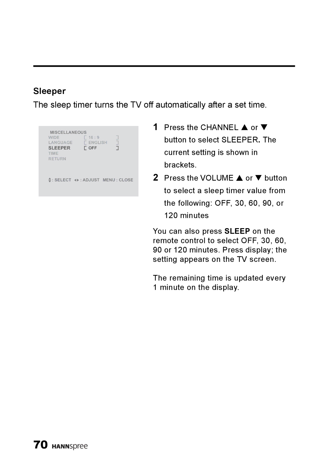 HANNspree LT13-23A1 user manual Sleeper, Sleep timer turns the TV off automatically after a set time 