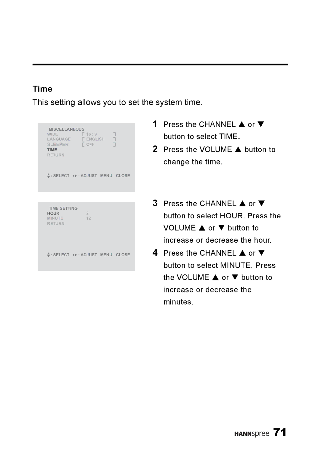 HANNspree LT13-23A1 user manual Time, This setting allows you to set the system time 