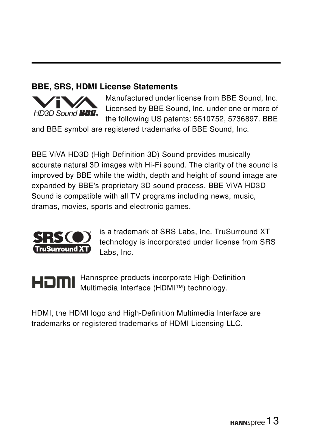 HANNspree LT16-26U1-000 manual BBE, SRS, Hdmi License Statements 