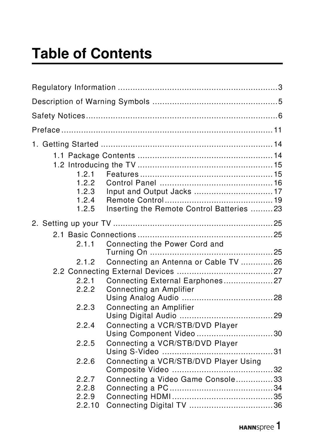 HANNspree LT16-26U1-000 manual Table of Contents 