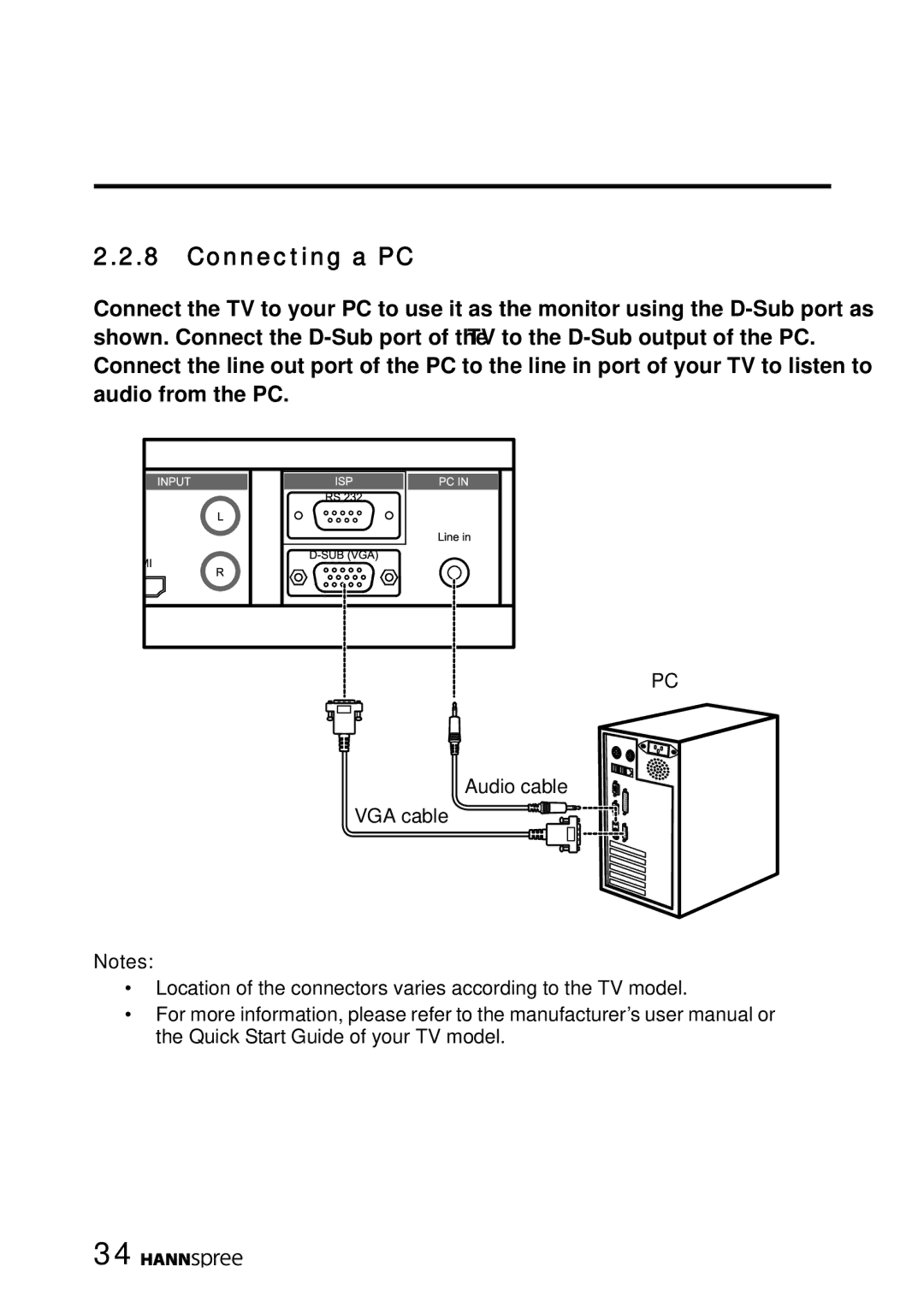 HANNspree LT16-26U1-000 manual Connecting a PC 