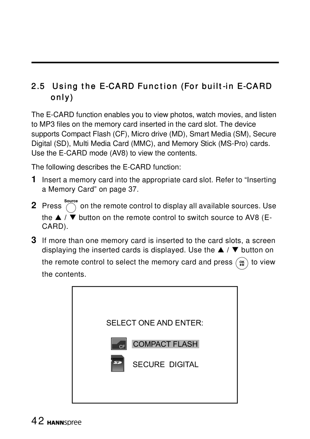 HANNspree LT16-26U1-000 manual Using the E-CARD Function For built-in E-CARD only 