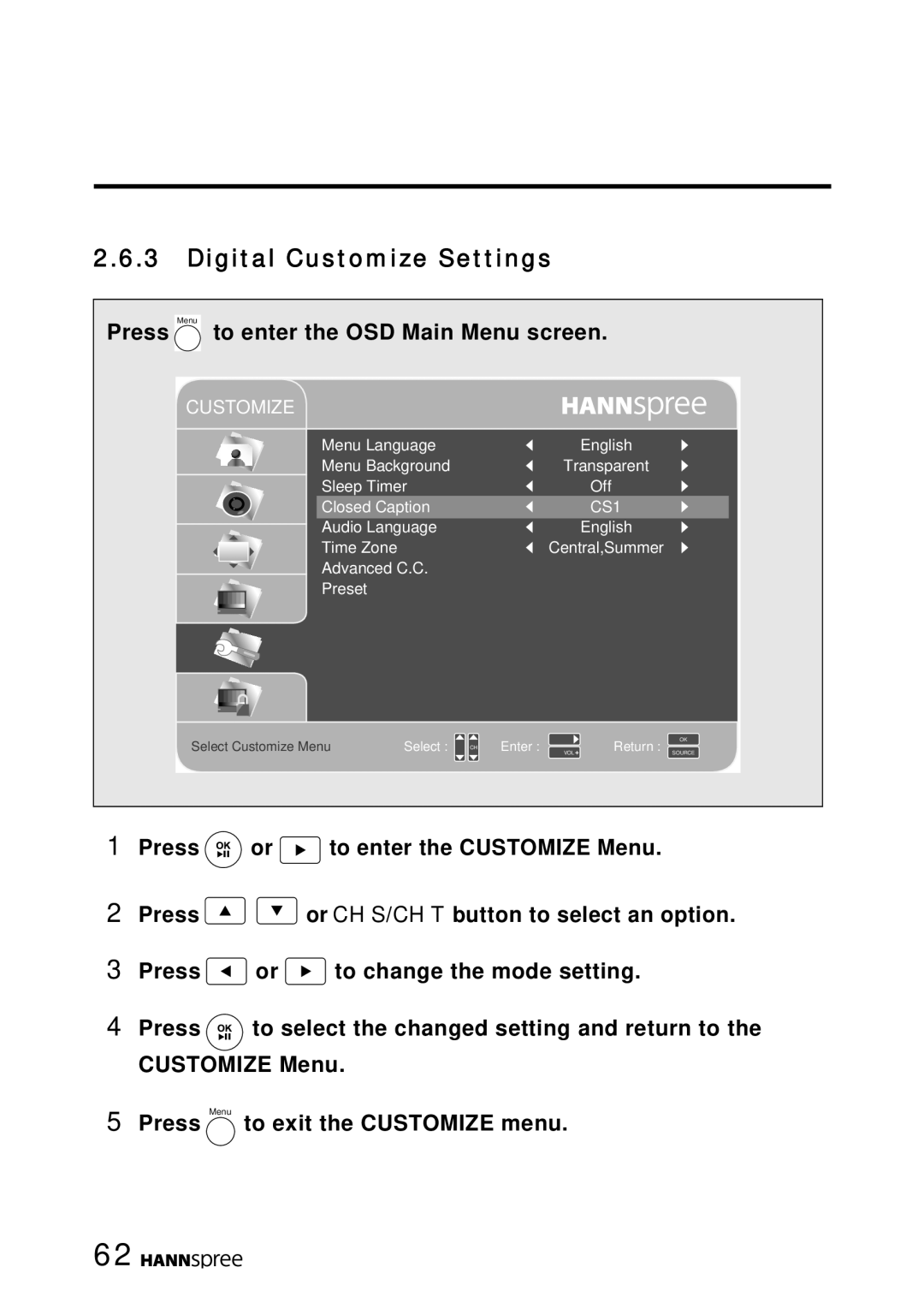 HANNspree LT16-26U1-000 manual Digital Customize Settings 