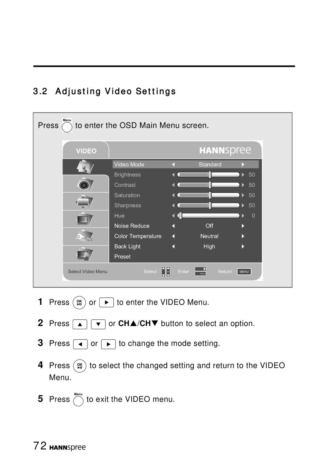 HANNspree LT16-26U1-000 manual Adjusting Video Settings 