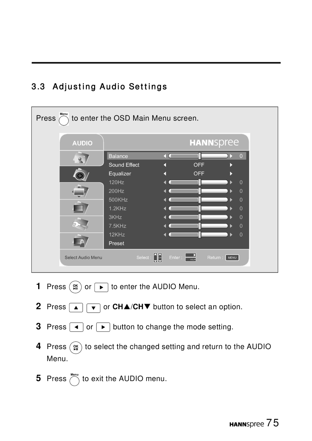 HANNspree LT16-26U1-000 manual Adjusting Audio Settings 