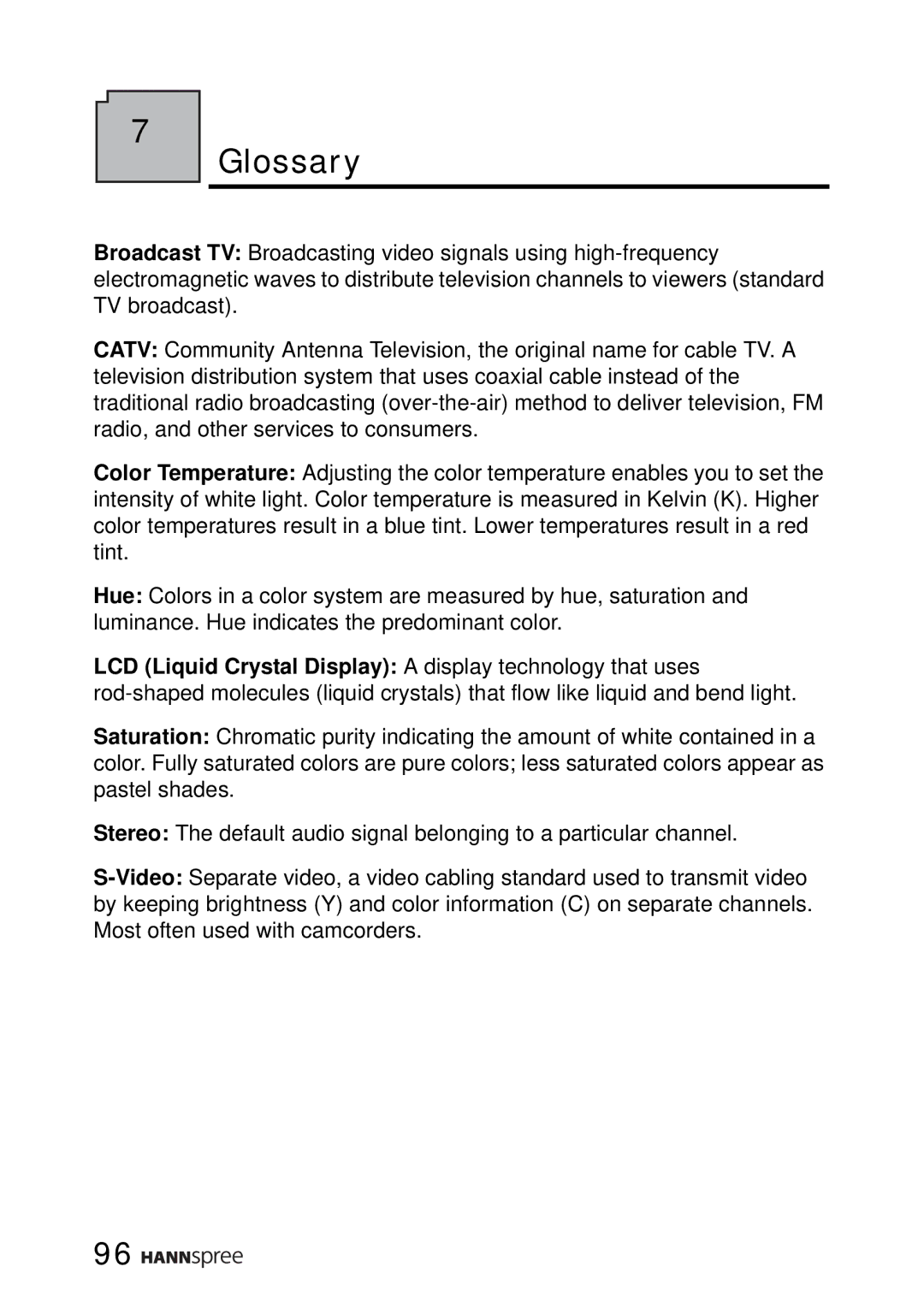 HANNspree LT16-26U1-000 manual Glossary 