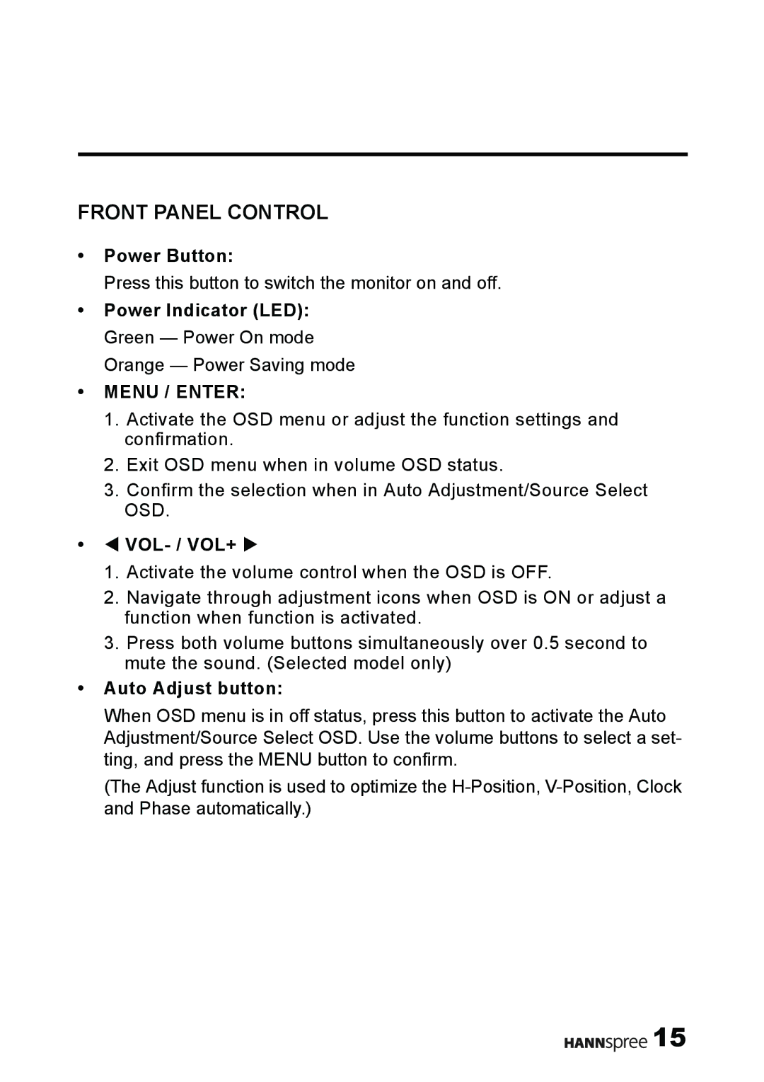 HANNspree M19W2, M19N2 manual Front Panel Control, Menu / Enter 