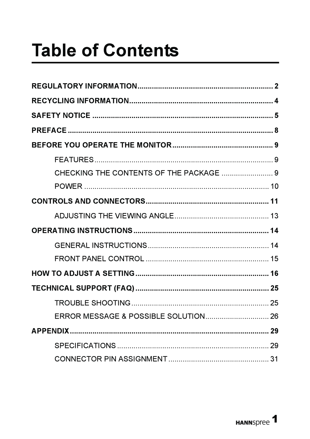 HANNspree M19W2, M19N2 manual Table of Contents 