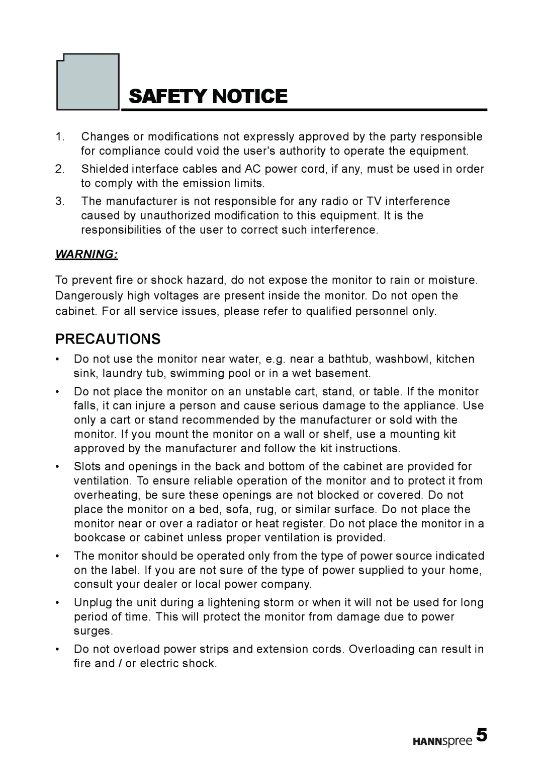 HANNspree M19W2, M19N2 manual Safety Notice, Precautions 